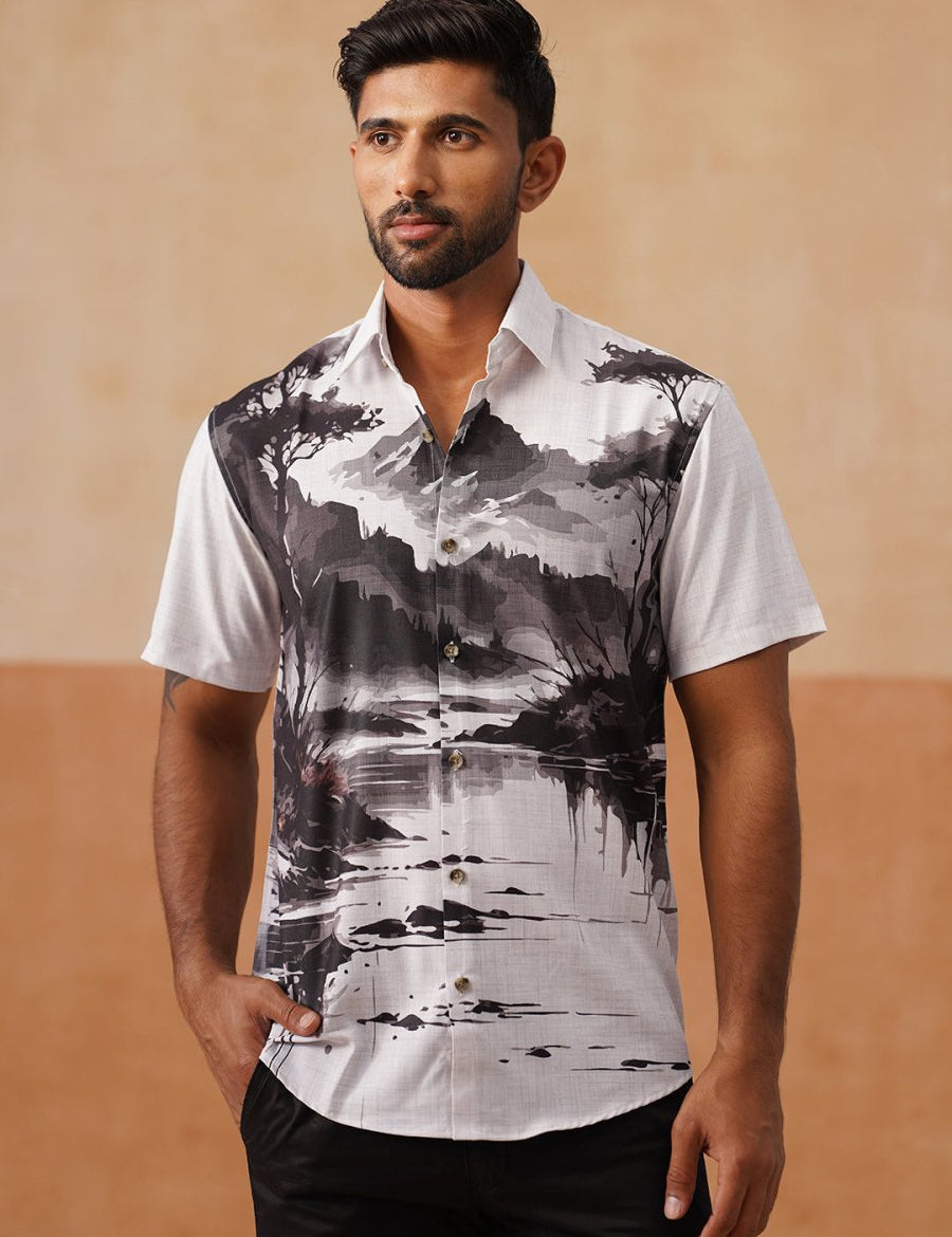 Casual Cotton Blend Shirt with Artistic Print - SF_9054Black_S
