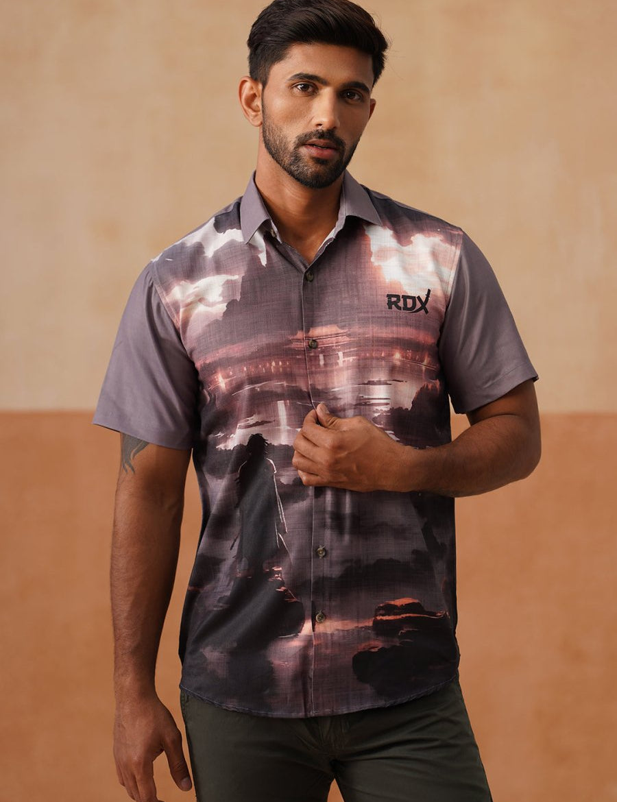 Casual Cotton Blend Shirt with Artistic Print - SF_9054Grey_S
