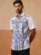 Casual Cotton Blend Shirt with Artistic Print - SF_9054Blue_S