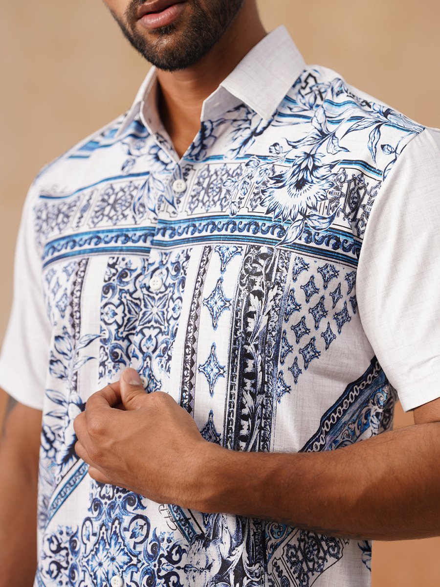 Casual Cotton Blend Shirt with Artistic Print - SF_9054Blue_S