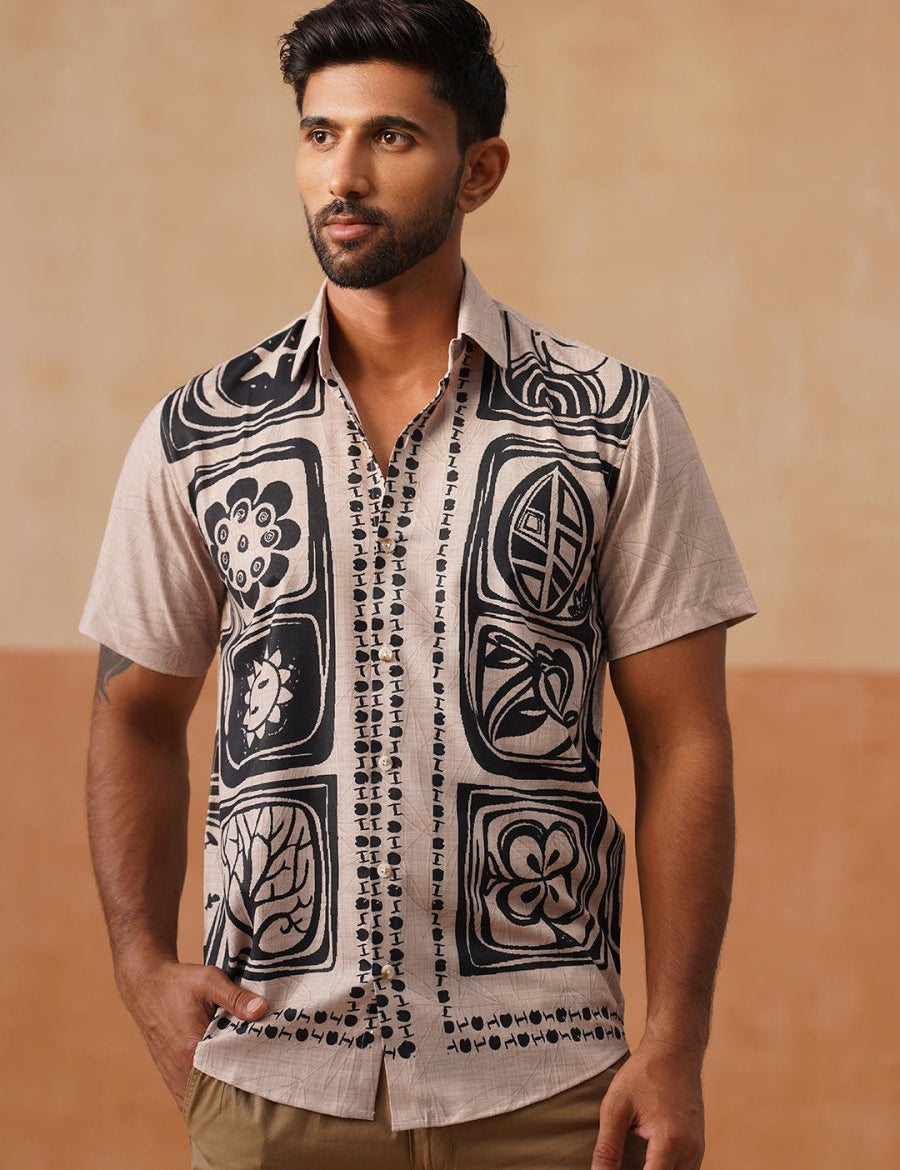 Casual Cotton Blend Shirt with Artistic Print - SF_9054Beige_S