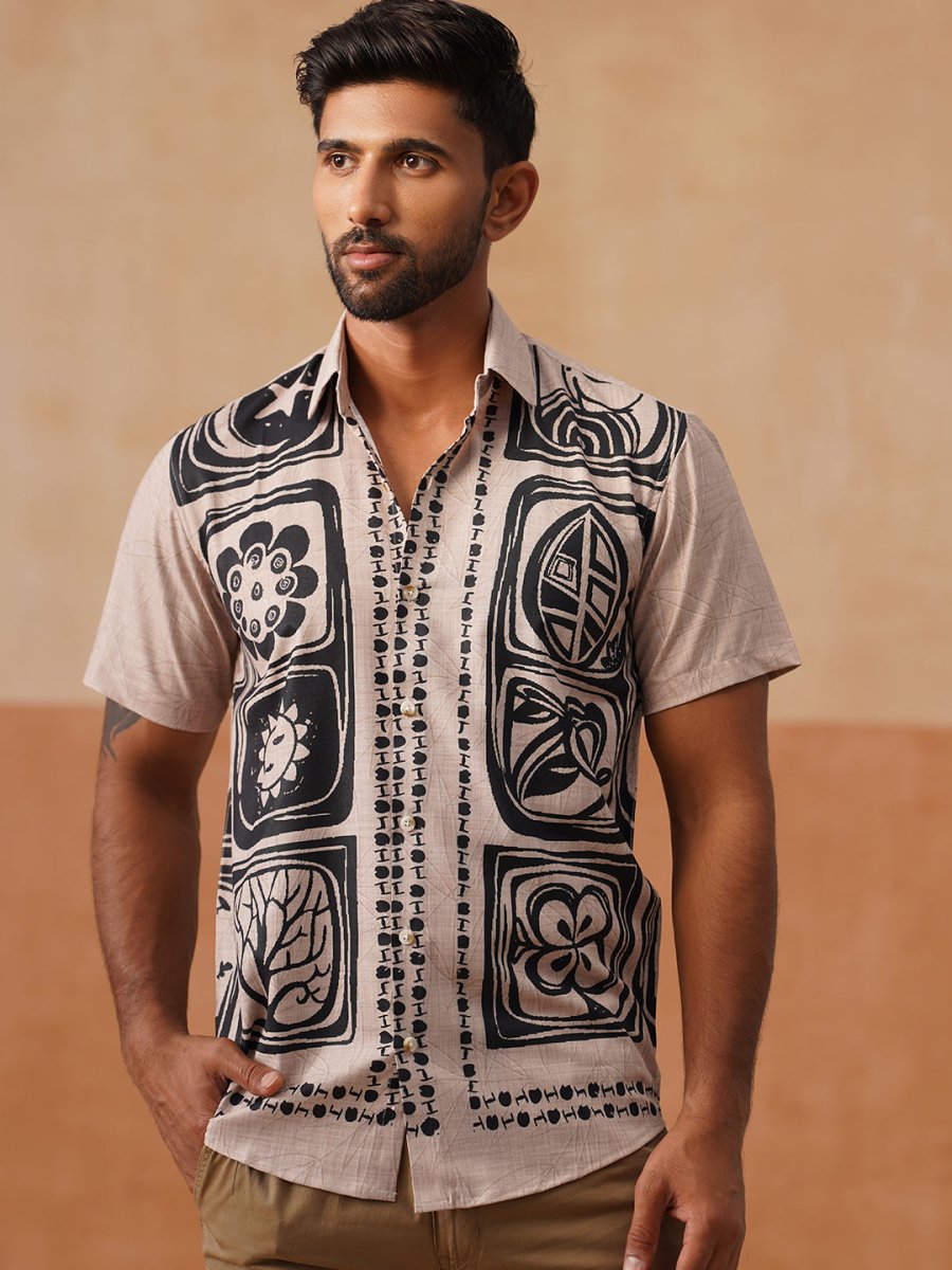 Casual Cotton Blend Shirt with Artistic Print - SF_9054Beige_S