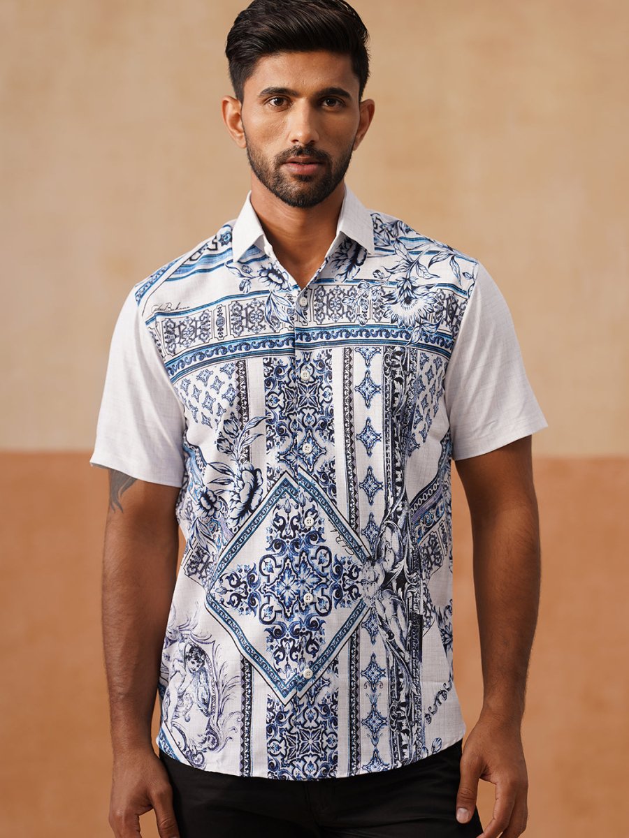 Casual Cotton Blend Shirt with Artistic Print - SF_9054Blue_S
