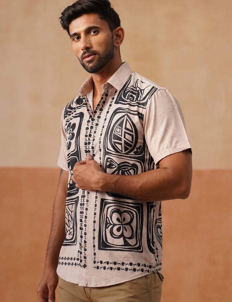Casual Cotton Blend Shirt with Artistic Print - SF_9054Beige_S