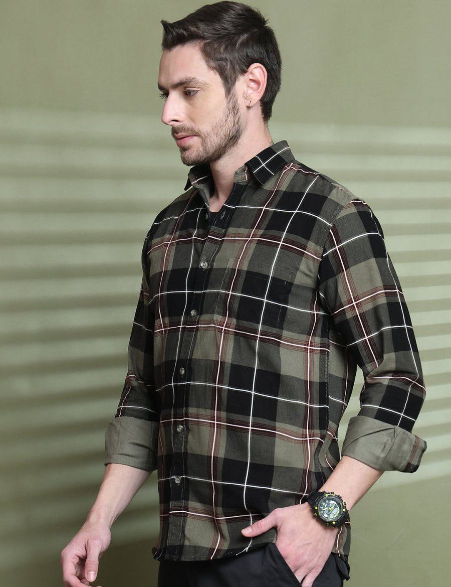 Checked Casual Shirt for Men - SF_9014Olive_S