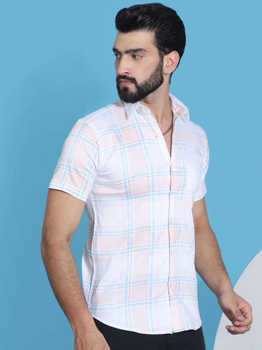 Checked Half Sleeve Cotton Shirt for Men - SF_949Peach_S