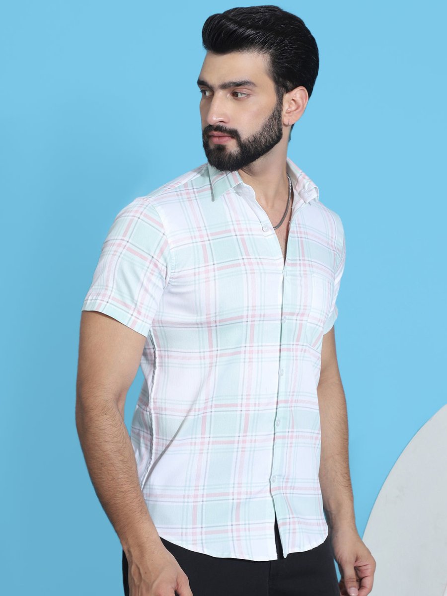 Checked Half Sleeve Cotton Shirt for Men - SF_949Light-Green_S