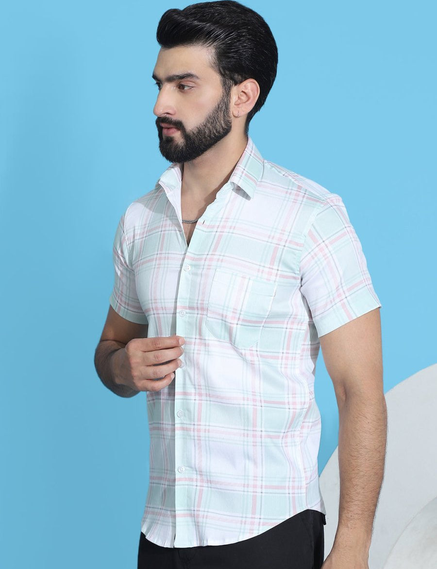Checked Half Sleeve Cotton Shirt for Men - SF_949Light-Green_S