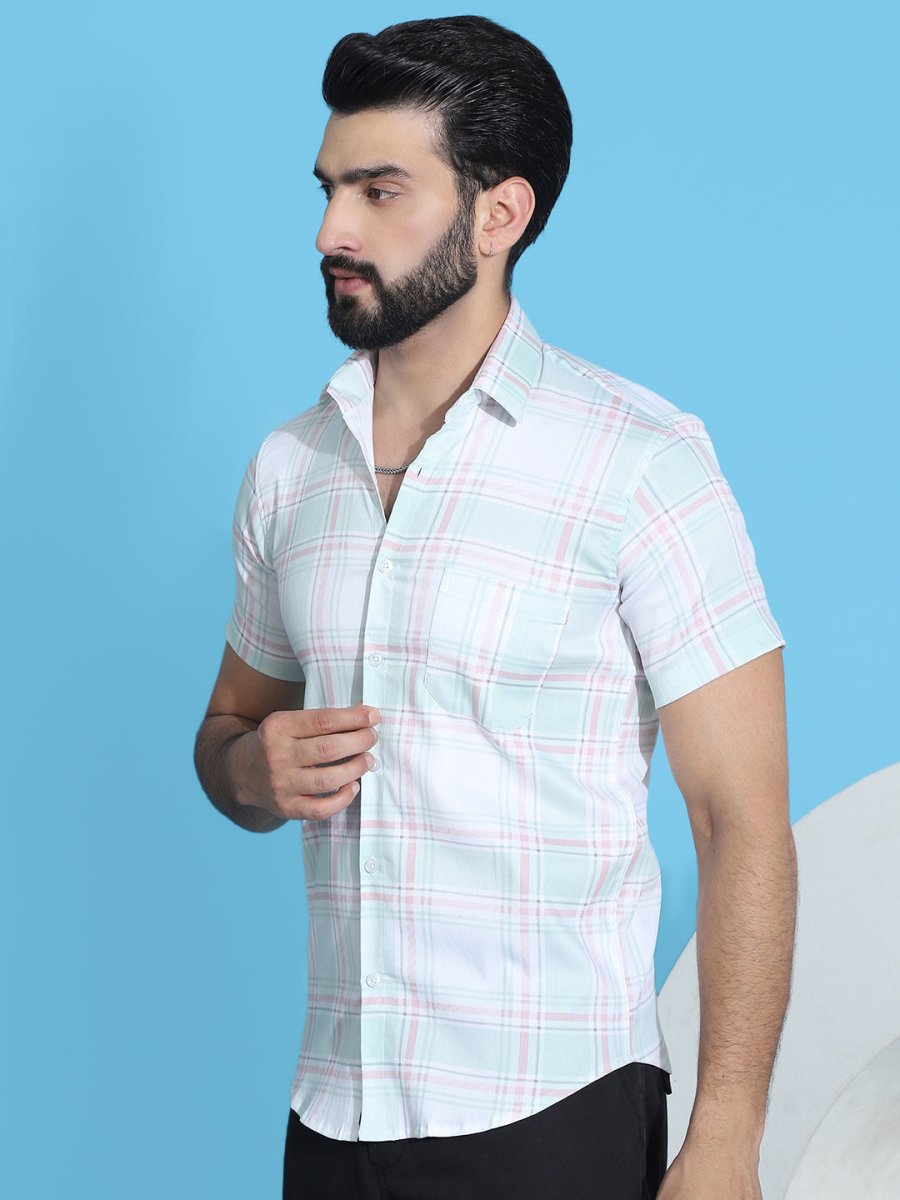 Checked Half Sleeve Cotton Shirt for Men - SF_949Light-Green_S