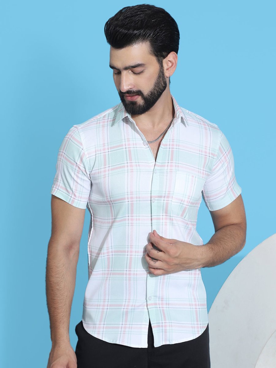 Checked Half Sleeve Cotton Shirt for Men - SF_949Light-Green_S