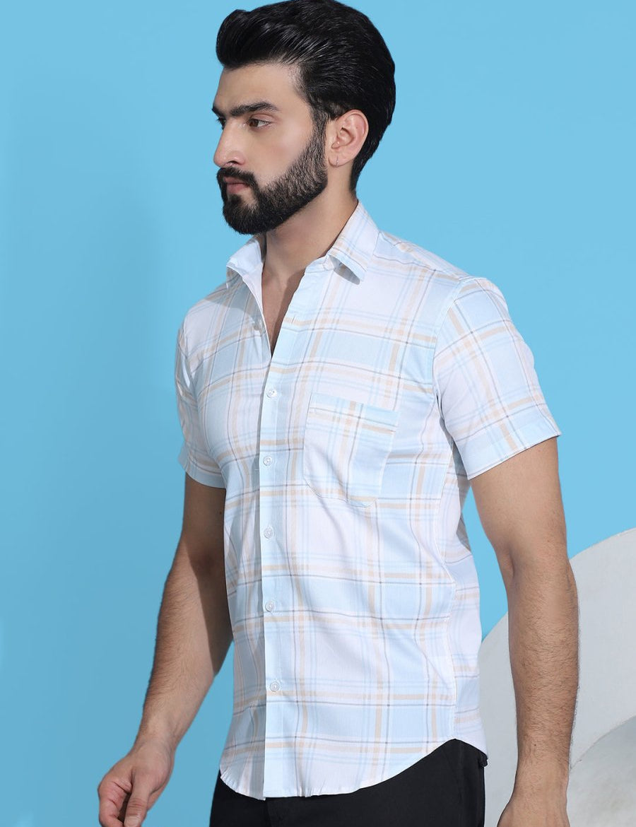 Checked Half Sleeve Cotton Shirt for Men - SF_949Blue_S