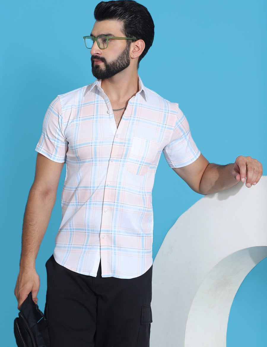Checked Half Sleeve Cotton Shirt for Men - SF_949Peach_S