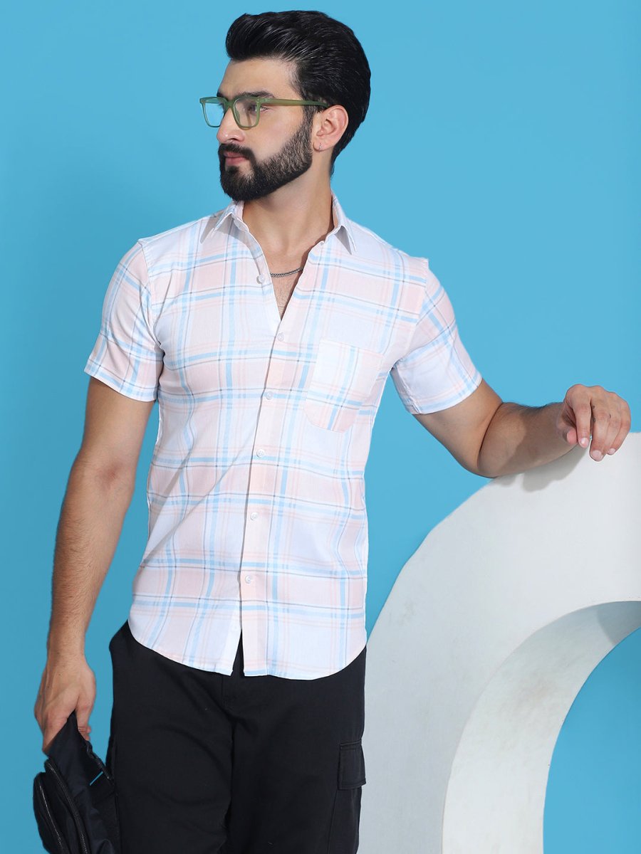 Checked Half Sleeve Cotton Shirt for Men - SF_949Peach_S