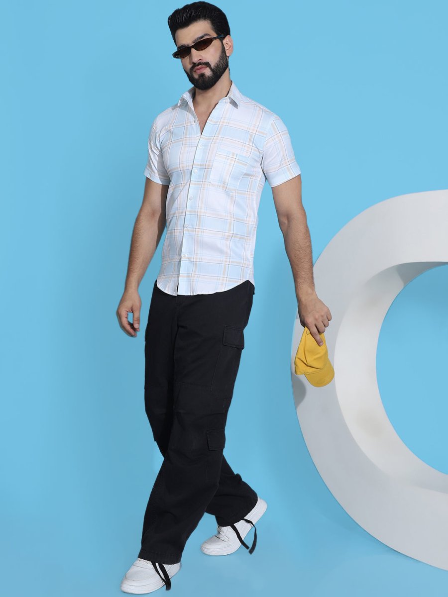 Checked Half Sleeve Cotton Shirt for Men - SF_949Blue_S