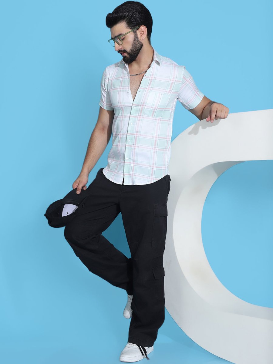 Checked Half Sleeve Cotton Shirt for Men - SF_949Light-Green_S