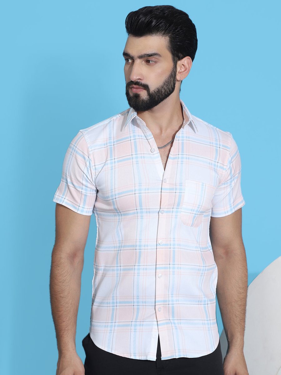 Checked Half Sleeve Cotton Shirt for Men - SF_949Peach_S