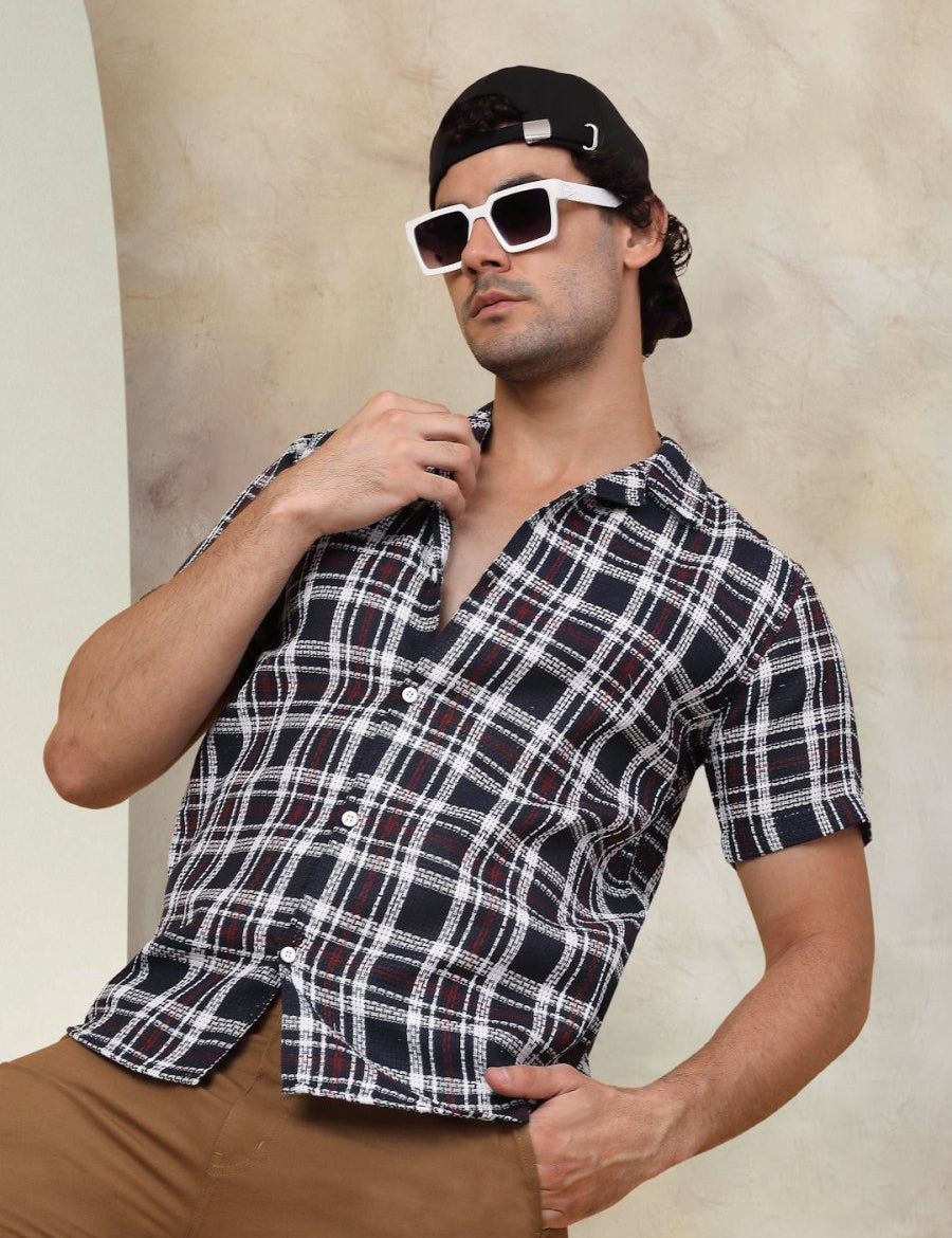 Checked Half Sleeve Cotton Shirt for Men - SF_943Navy_S
