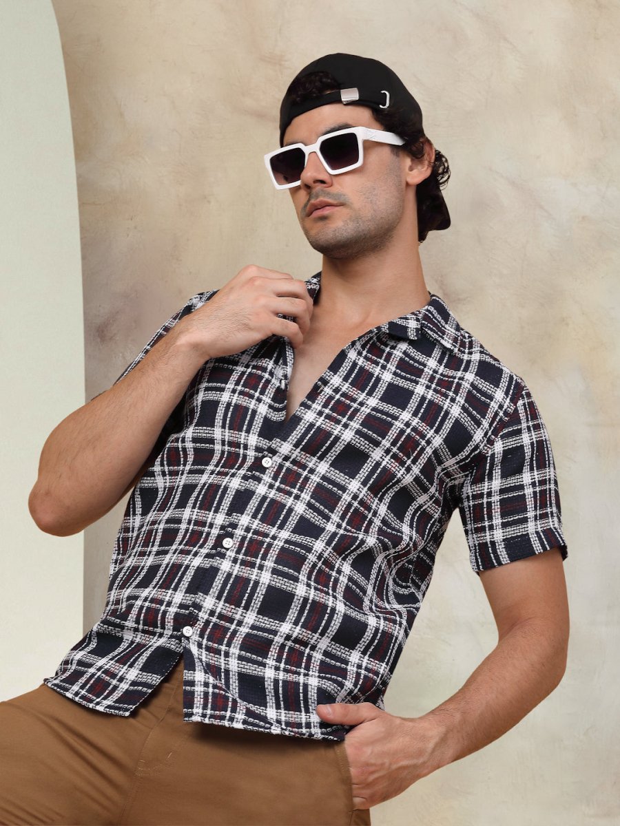 Checked Half Sleeve Cotton Shirt for Men - SF_943Navy_S