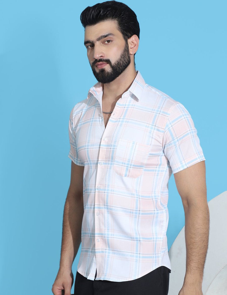Checked Half Sleeve Cotton Shirt for Men - SF_949Peach_S