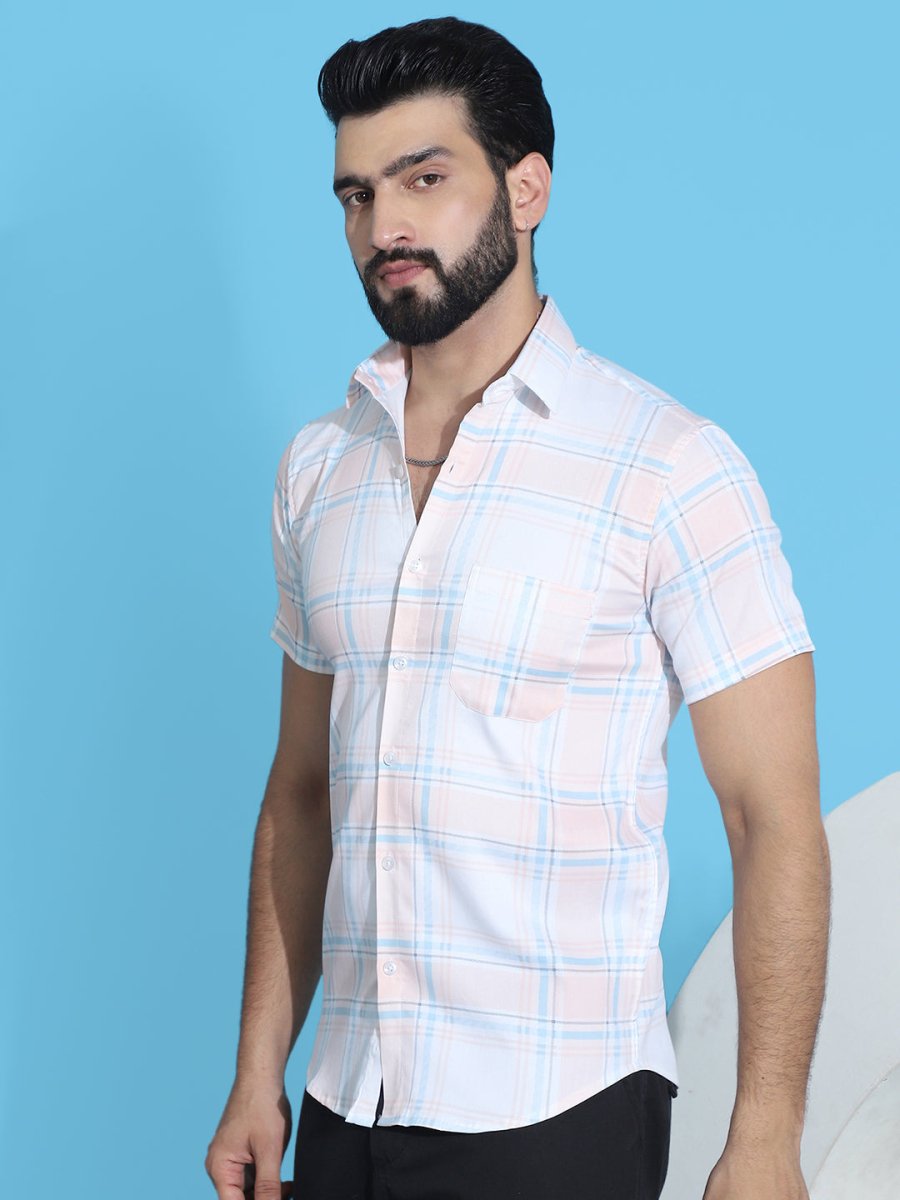 Checked Half Sleeve Cotton Shirt for Men - SF_949Peach_S
