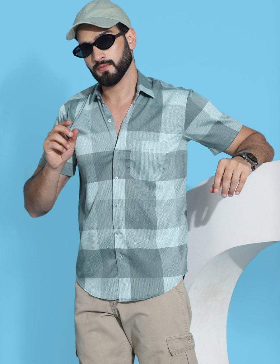 Checked Half Sleeve Cotton Shirt for Men - SF_950Green_S