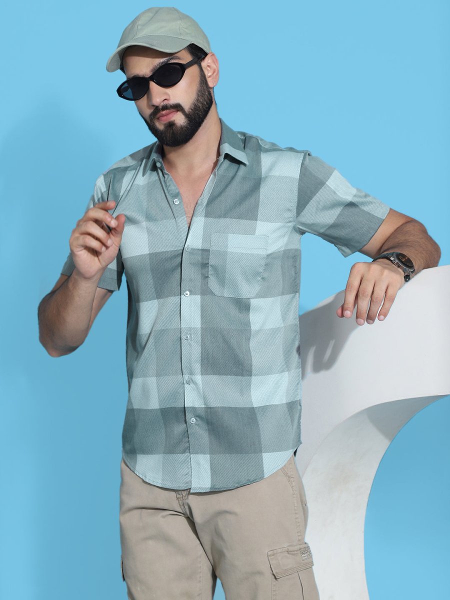 Checked Half Sleeve Cotton Shirt for Men - SF_950Green_S