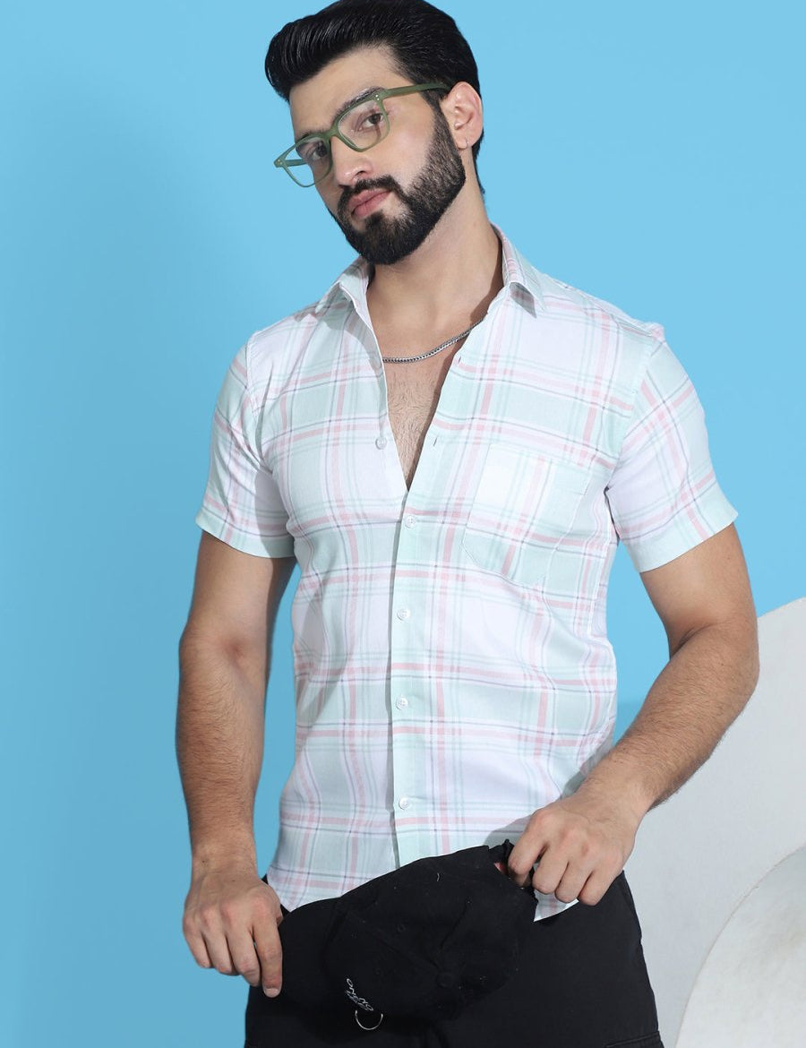 Checked Half Sleeve Cotton Shirt for Men - SF_949Light-Green_S