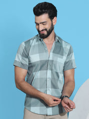 Checked Half Sleeve Cotton Shirt for Men - SF_950Green_S