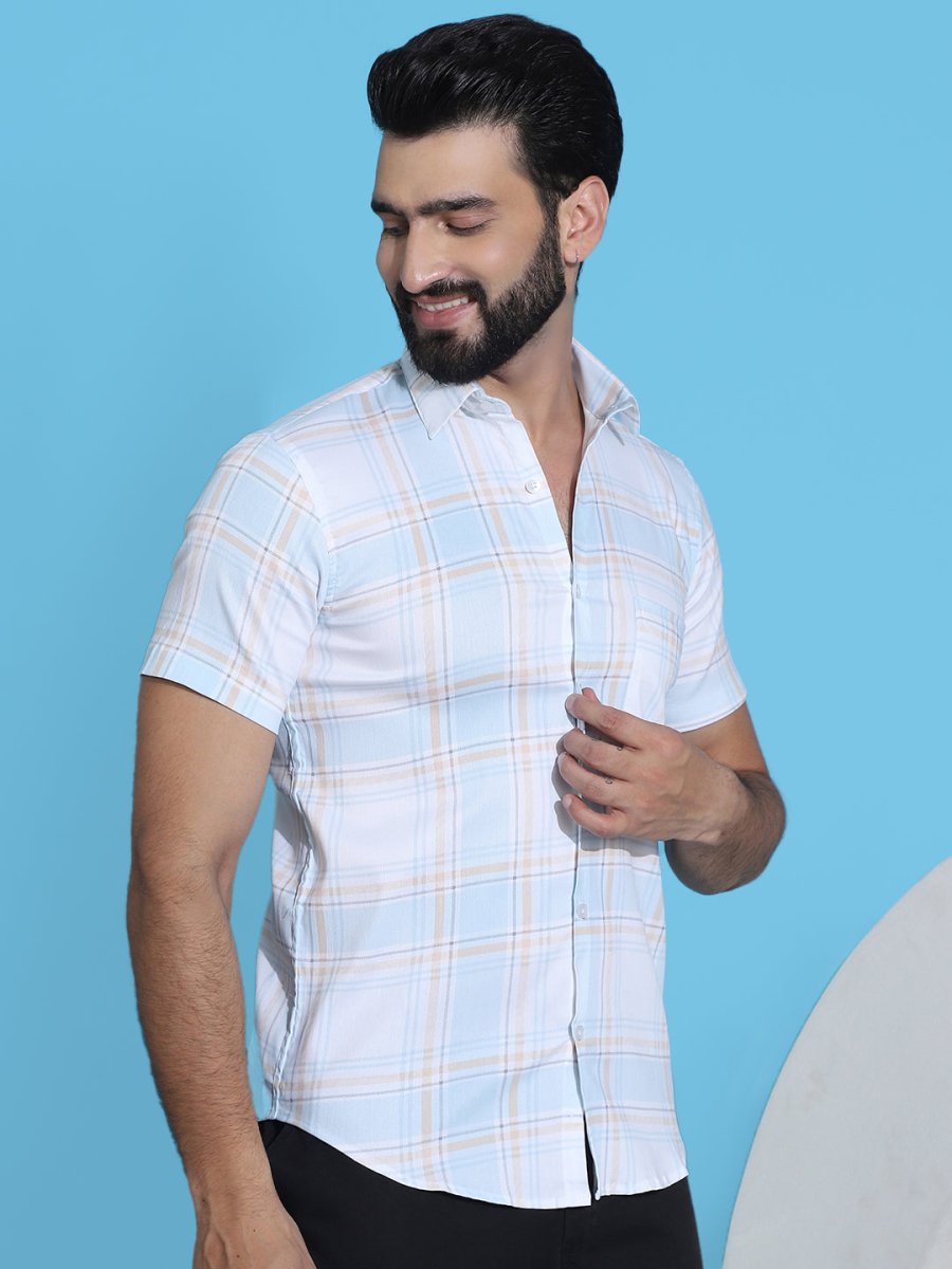 Checked Half Sleeve Cotton Shirt for Men - SF_949Blue_S