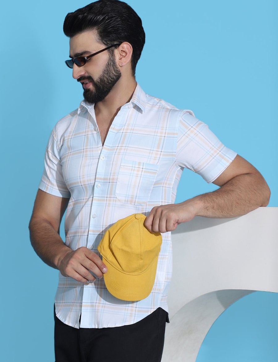 Checked Half Sleeve Cotton Shirt for Men - SF_949Blue_S