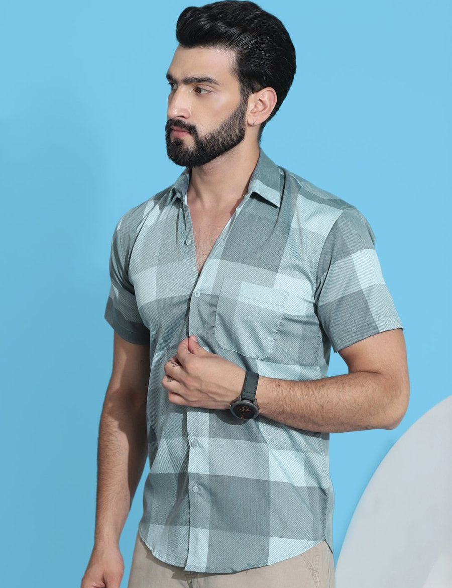 Checked Half Sleeve Cotton Shirt for Men - SF_950Green_S