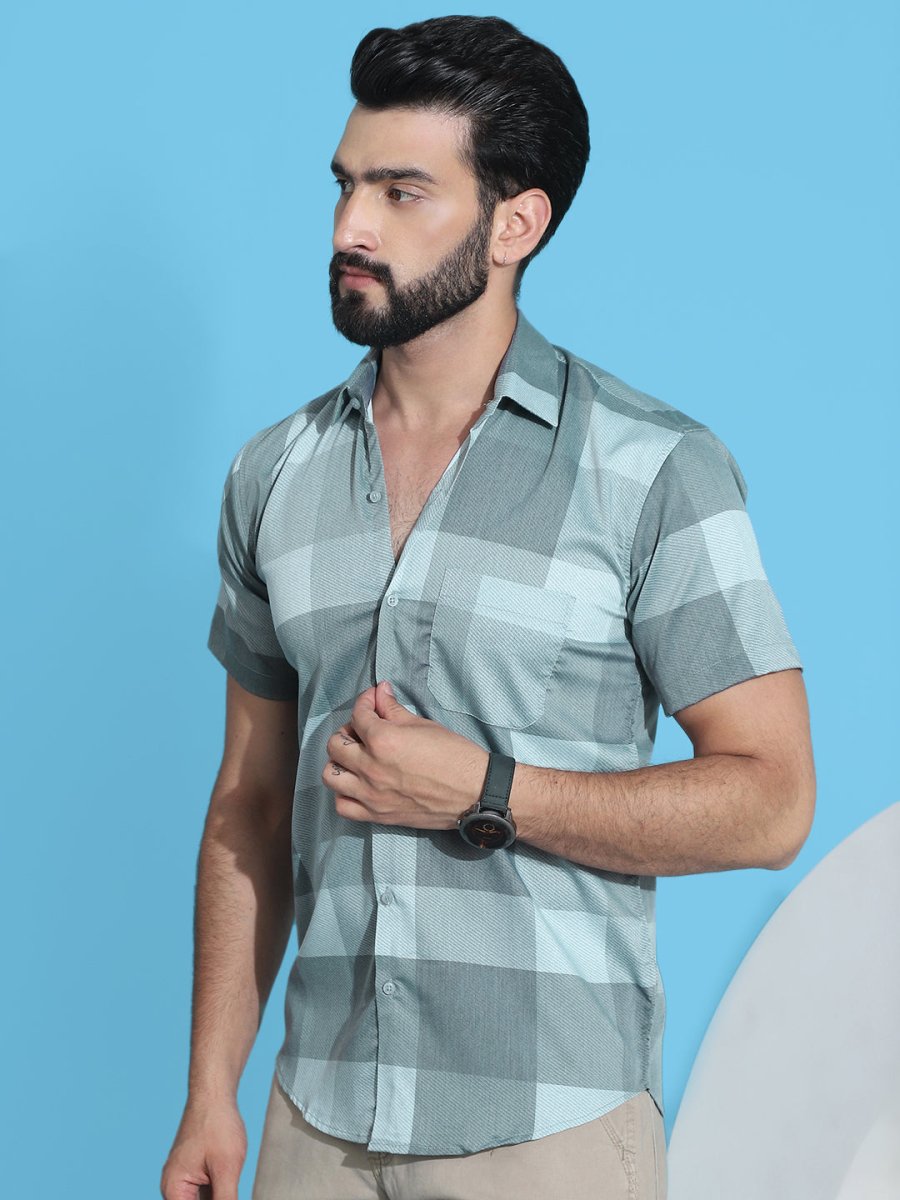 Checked Half Sleeve Cotton Shirt for Men - SF_950Green_S