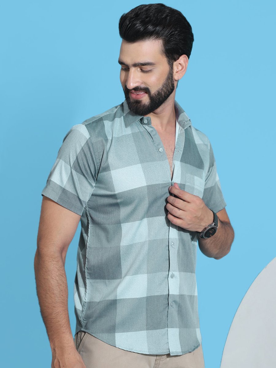 Checked Half Sleeve Cotton Shirt for Men - SF_950Green_S