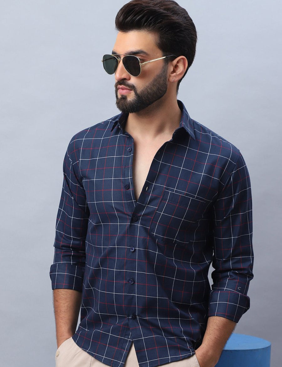 Checked Pure Cotton Casual Shirt for Men - SF_989Navy_S
