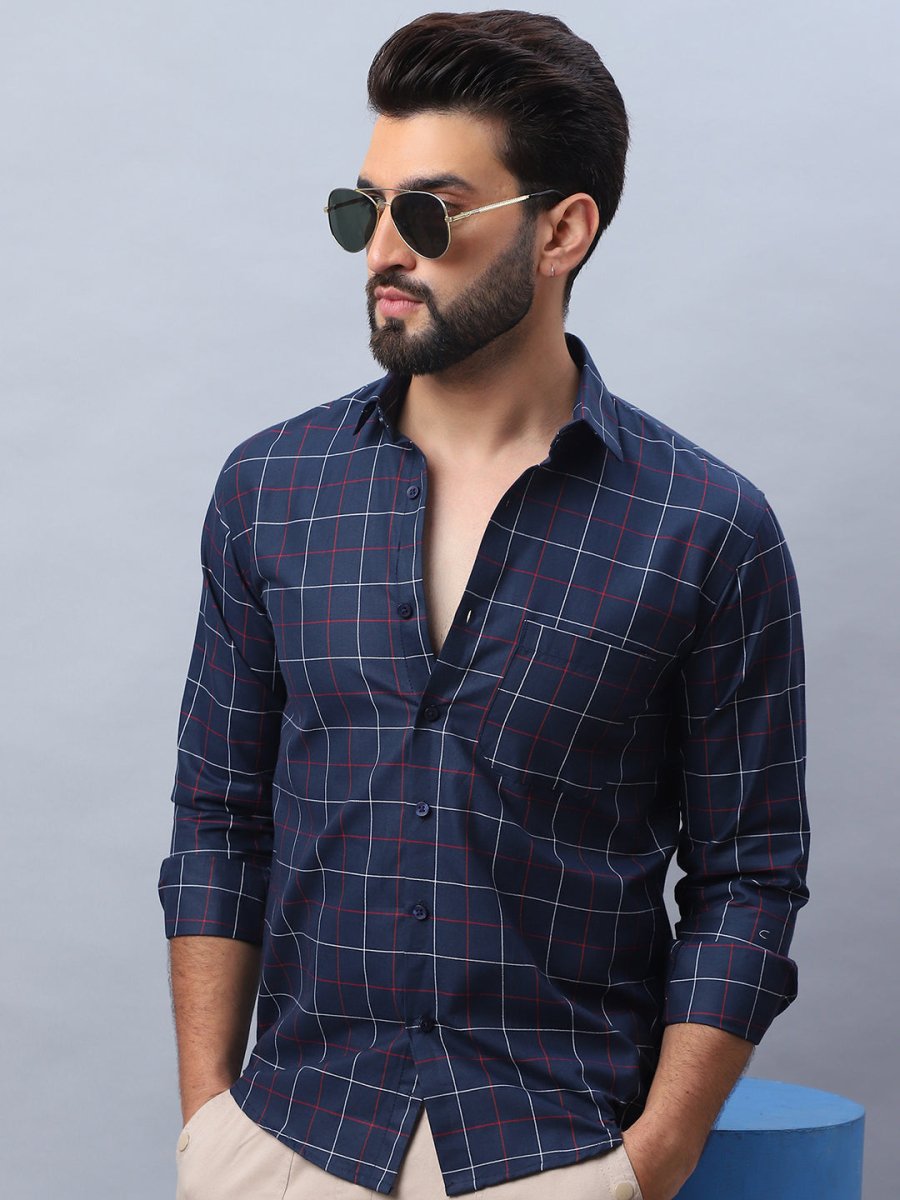 Checked Pure Cotton Casual Shirt for Men - SF_989Navy_S