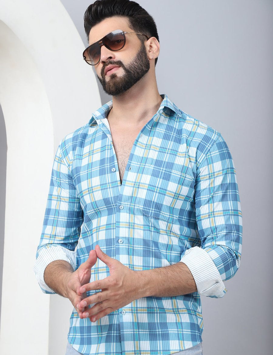Checked Spread Collar Cotton Casual Shirt for Men - SF_968Sky_S