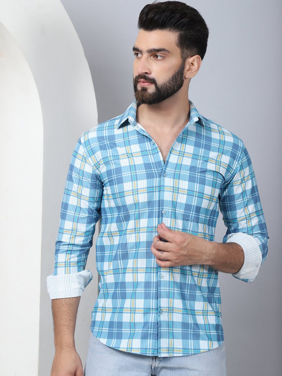 Checked Spread Collar Cotton Casual Shirt for Men - SF_968Sky_S