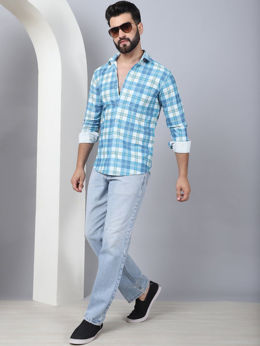 Checked Spread Collar Cotton Casual Shirt for Men - SF_968Sky_S