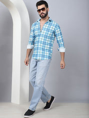 Checked Spread Collar Cotton Casual Shirt for Men - SF_968Sky_S