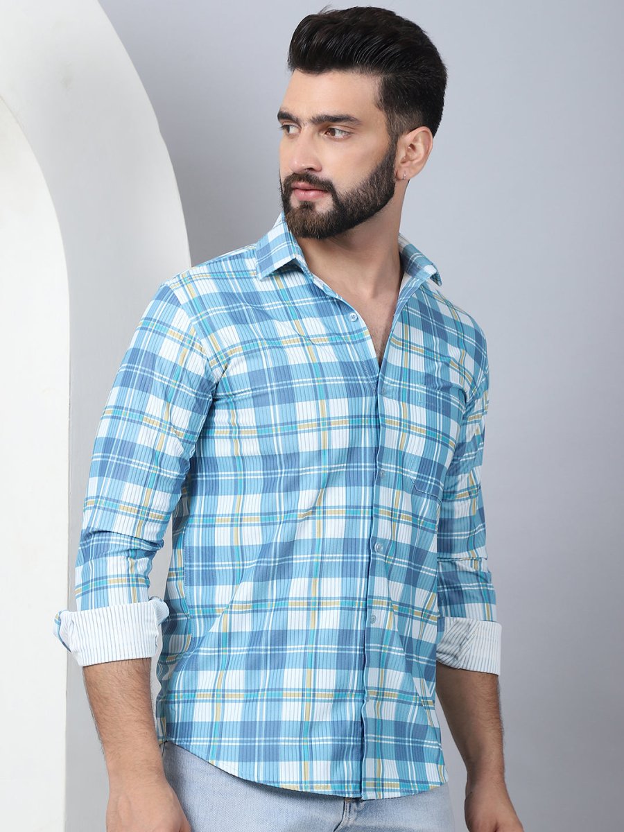Checked Spread Collar Cotton Casual Shirt for Men - SF_968Sky_S