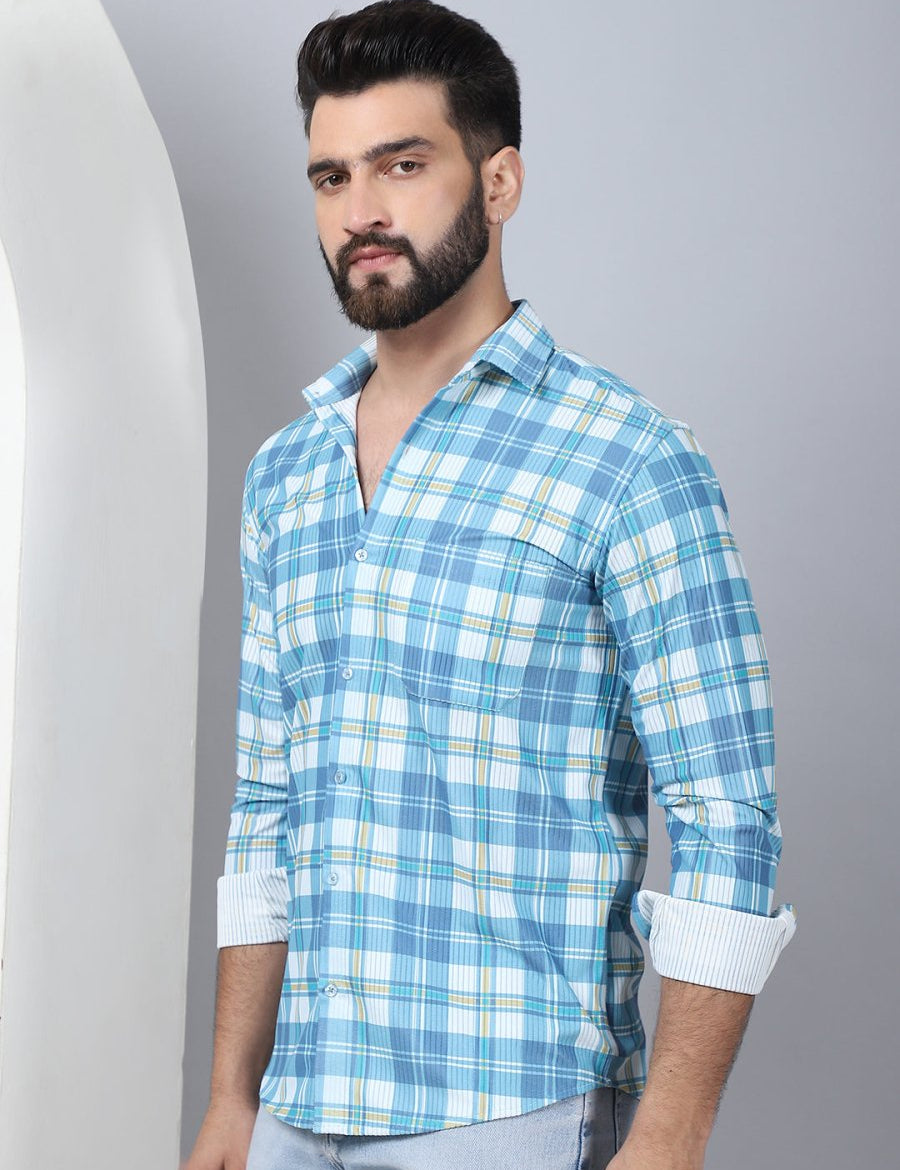 Checked Spread Collar Cotton Casual Shirt for Men - SF_968Sky_S