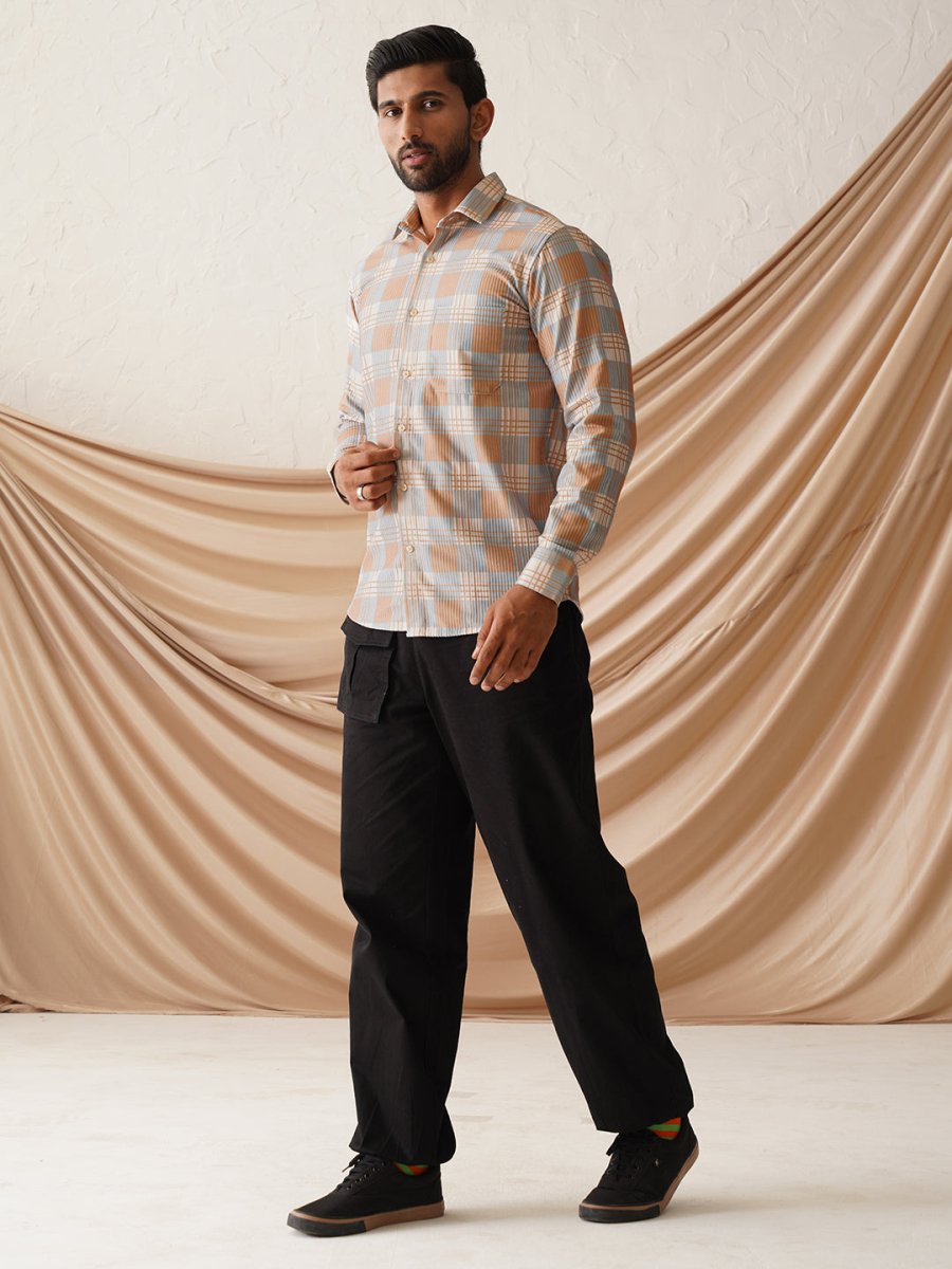 Checked Spread Collar Cotton Casual Shirt for Men - SF_968Beige_S