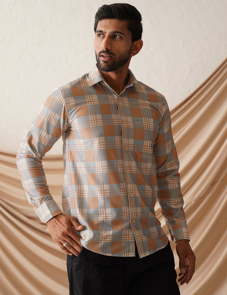 Checked Spread Collar Cotton Casual Shirt for Men - SF_968Beige_S