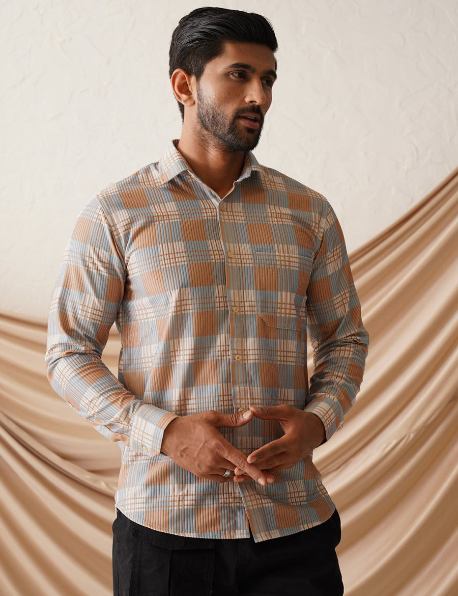Checked Spread Collar Cotton Casual Shirt for Men - SF_968Beige_S
