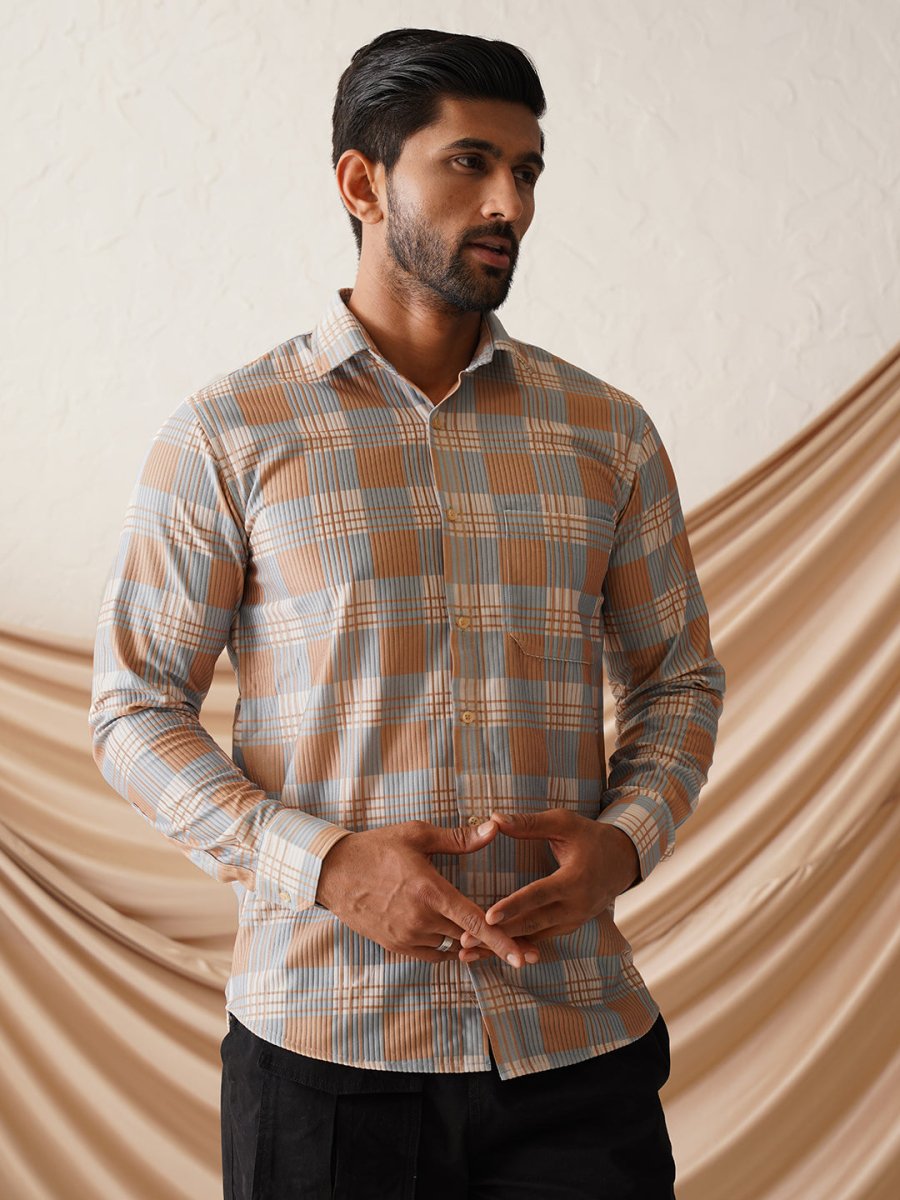 Checked Spread Collar Cotton Casual Shirt for Men - SF_968Beige_S