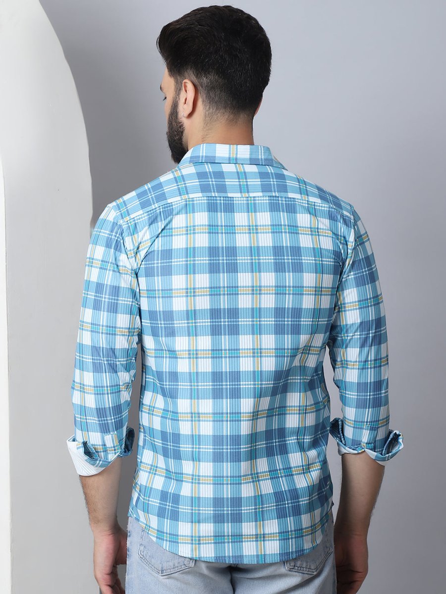 Checked Spread Collar Cotton Casual Shirt for Men - SF_968Sky_S