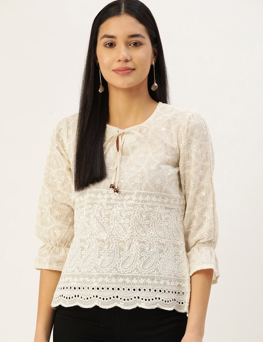 Chikankari Sequen Work Empire Women Top - JNT_2005Cream_XS