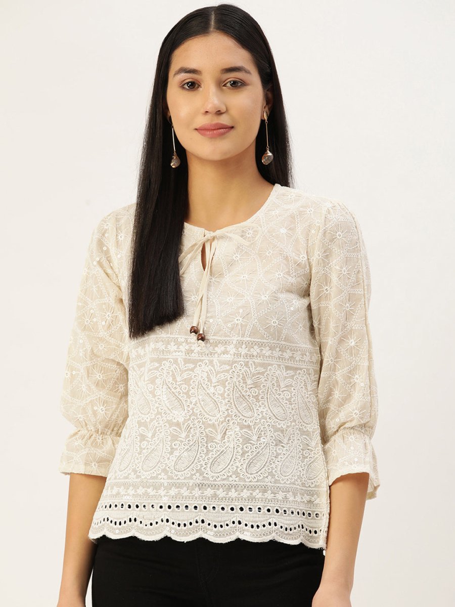 Chikankari Sequen Work Empire Women Top - JNT_2005Cream_XS