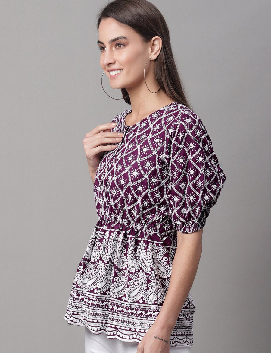 Chikankari Sequen Work Empire Women Top - JNT_2003Purple_XS