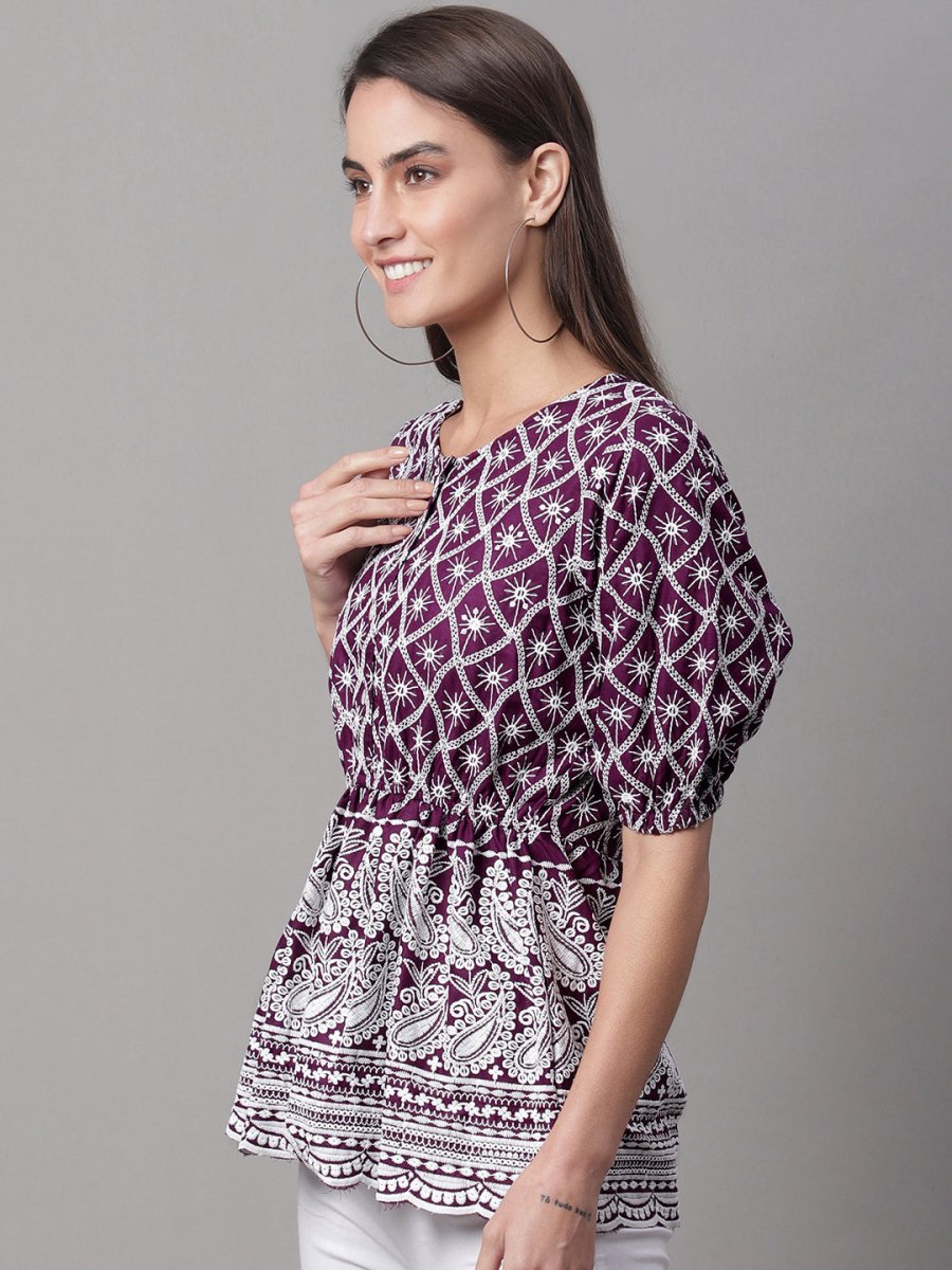 Chikankari Sequen Work Empire Women Top - JNT_2003Purple_XS